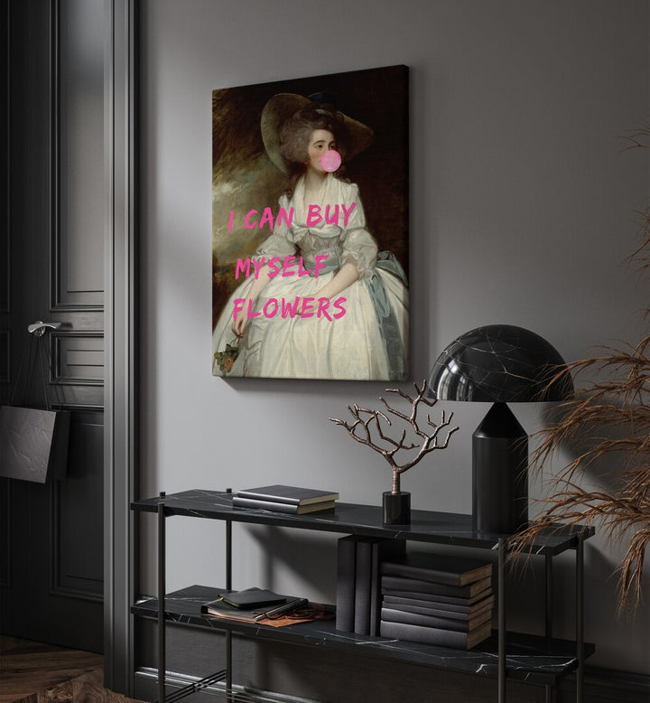 I Can Buy Myself by the Art Concept Altered Art Prints in Gallery Wrap placed on a wall behind a table and beside an door