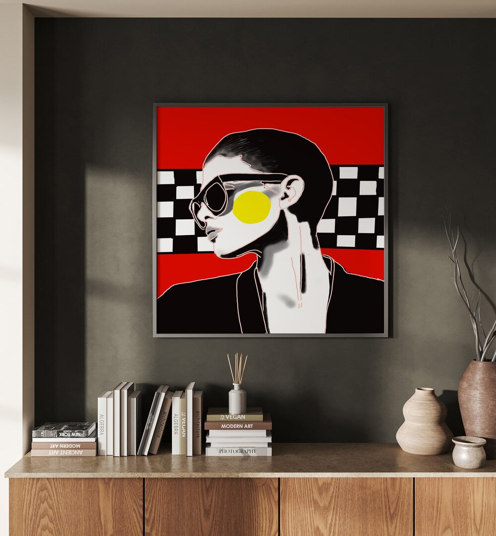 I Did It Again Pop Art Artwork in black floater frame above wooden console table