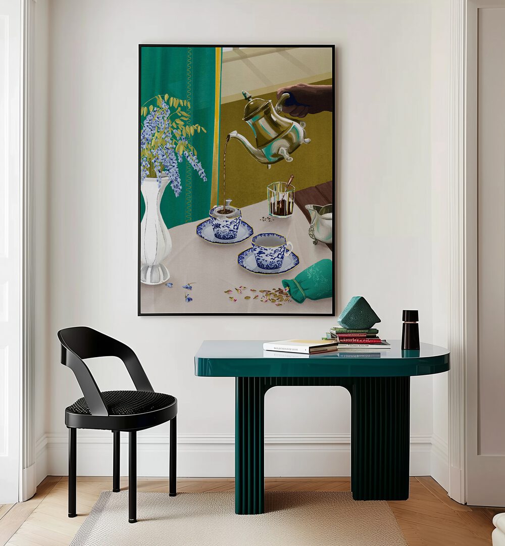 I Despise English Tea By Goed Blauw Bar & Cafe Art Prints in Black Plain Frame placed on a Cream Colored Wall above a Table in the Drawing Room