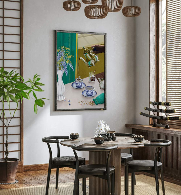 I Despise English Tea By Goed Blauw Bar & Cafe Art Prints in Dark Wood Plain Frame placed on a White 
 Colored Wall near a Coffee Table in the Dining Room