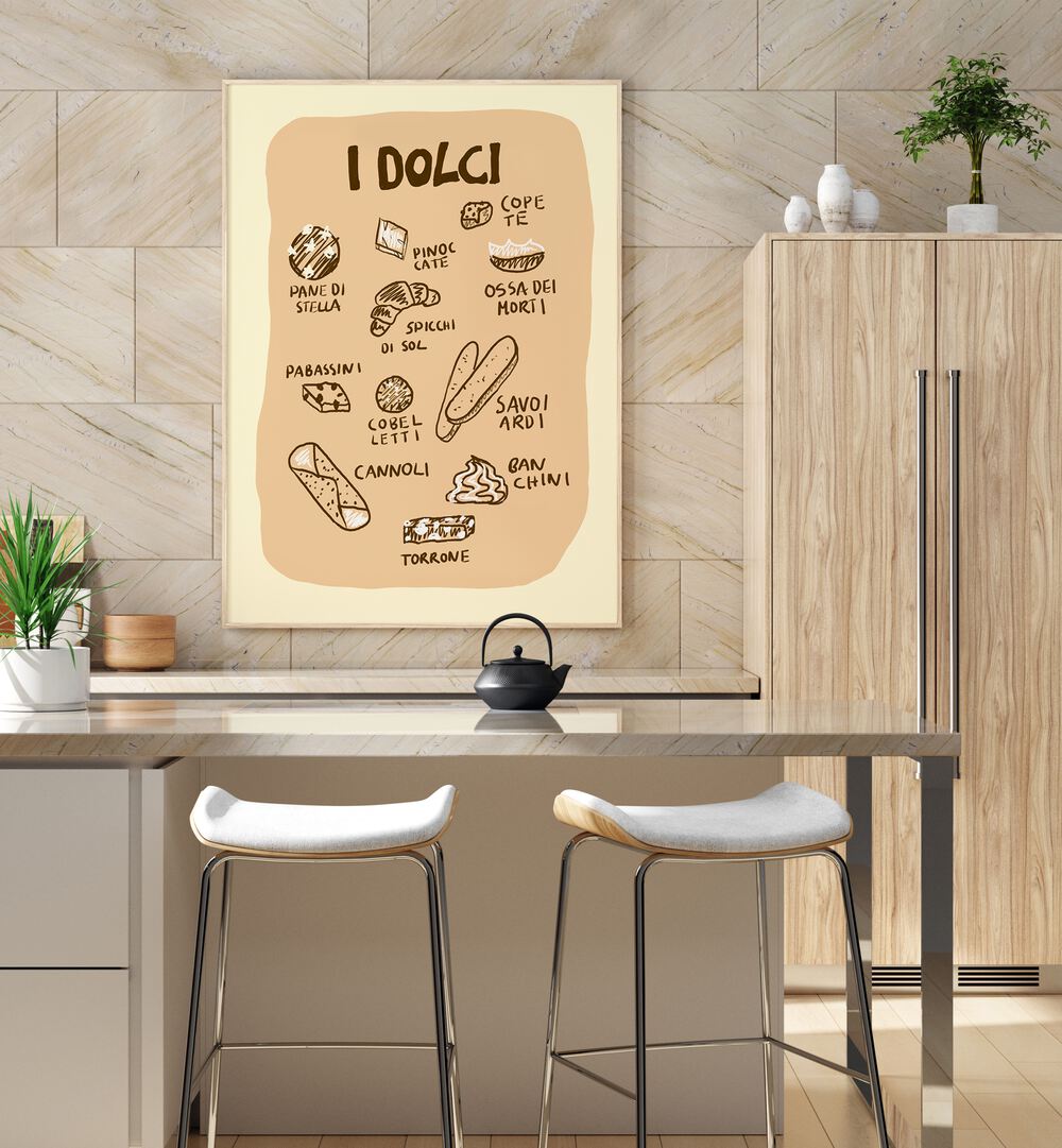 I Dolci by Studio Dolci Kitchen Art Prints in Oak Wood Plain Frame placed on a wall behind a kitchen counter for kitchen