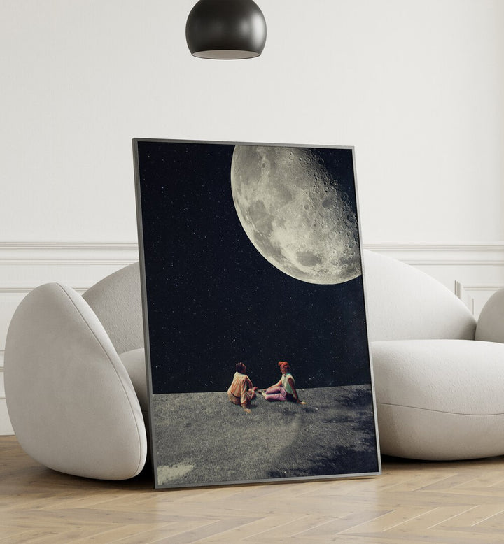 I Gave You the Moon for a Smile By Frank Moth Surreal Art Prints Surrealism in Black Plain Frame placed on the floor beside a sofa