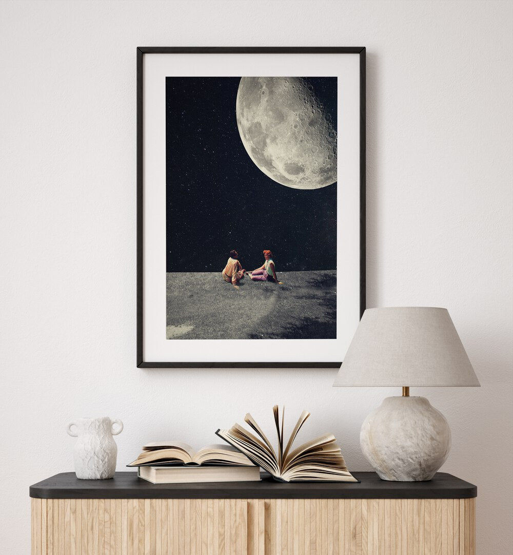 I Gave You the Moon for a Smile By Frank Moth Surreal Art Prints Surrealism in Black Frame With Mount placed on a wall behind a console table