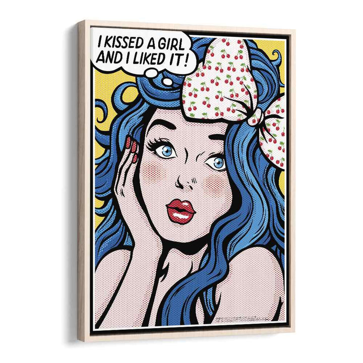 I Kissed A Girl Pop Art Artwork in Oak Wood Floater Frame