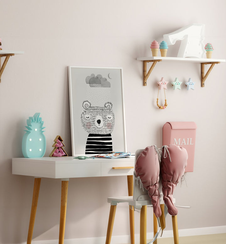 I Love Snow By Treechild Kids Room Wallart in White Plain Frame placed on a  Study Table in the Kids Room