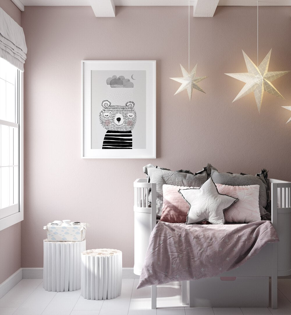 I Love Snow By Treechild Kids Room Wallart in White Frame With Mount placed on a Pink Colored Wall in the Kids Room