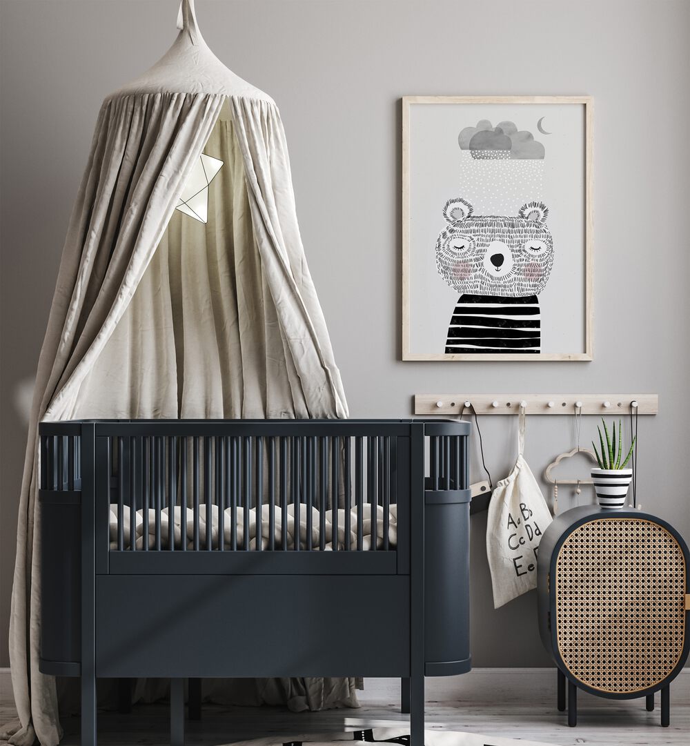 I Love Snow By Treechild Kids Room Wallart in Oak Wood Plain Frame placed on a Grey Colored Wall in the Kids Room