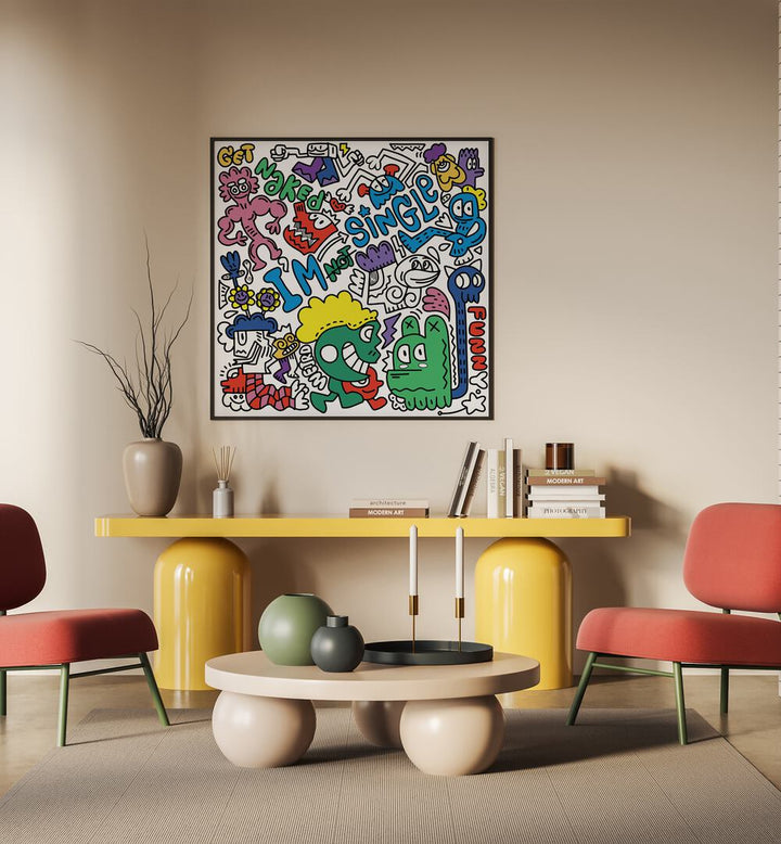 I M Not Single  Doodle Art Painting in Black Plain Frame it is placed on the wall behind the table.