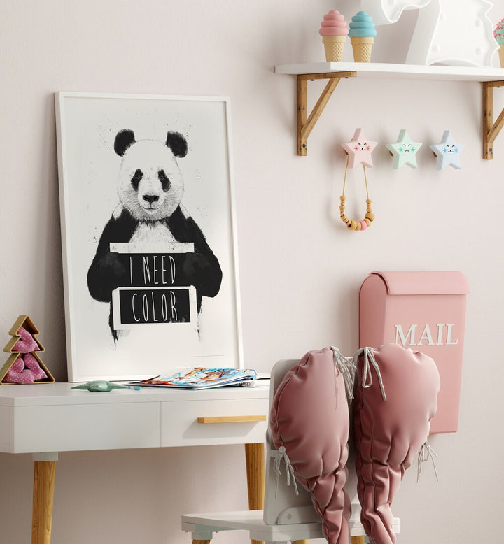 I Need Color By Balazs Solti Kids Room Art in White Plain Frame placed on a Study Table near a White Colored Wall in the Kids Room 