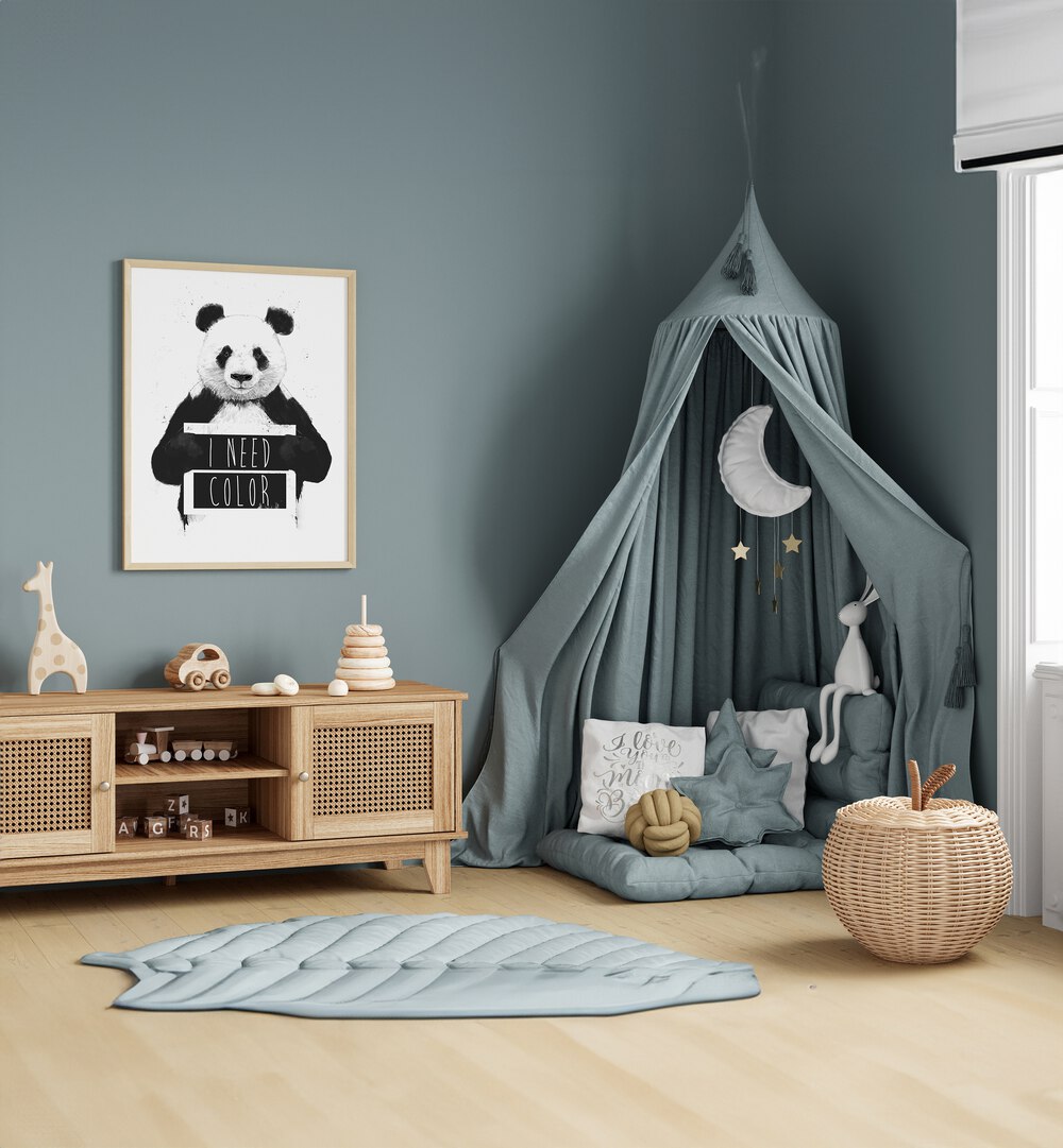 I Need Color By Balazs Solti Kids Room Art in Oak Wood Plain Frame placed on a Blue Colored Wall above a Console Table in the Kids Room