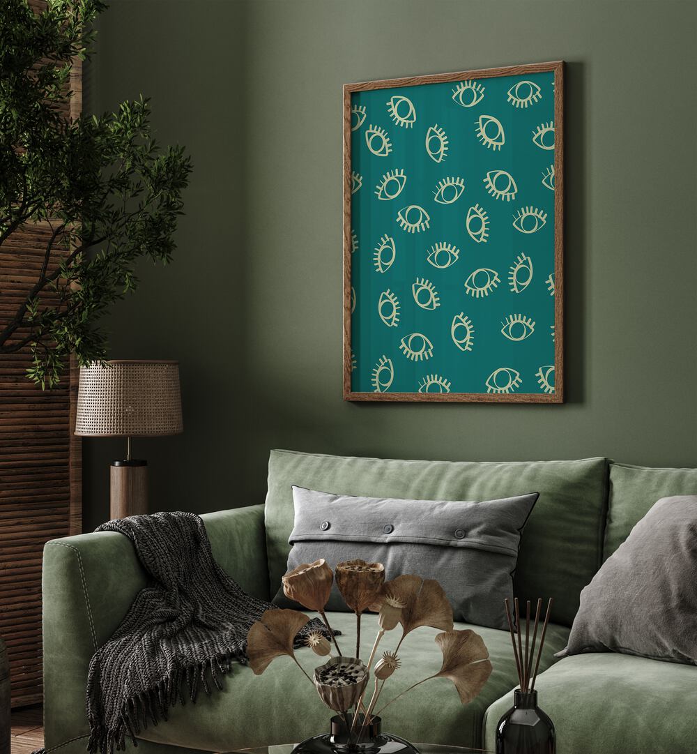 I See It All By Grishma Korjani Abstract Art Prints in Oak Wood Plain Frame placed on a Green Colored Wall near a Green Sofa in the Living Room