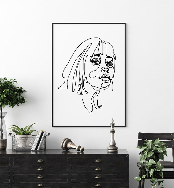 I See You by Hanna Lee Tidd Line Art Paintings Line Art Prints in Black Plain Frame placed on a wall behind a console table