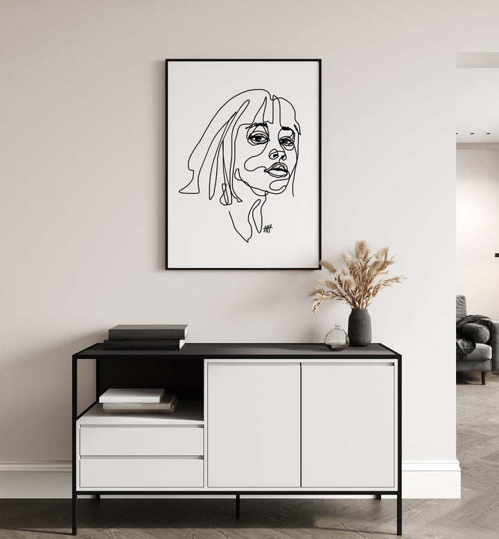 I See You by Hanna Lee Tidd Line Art Paintings Line Art Prints in Black Plain Frame placed on a wall behind a console table