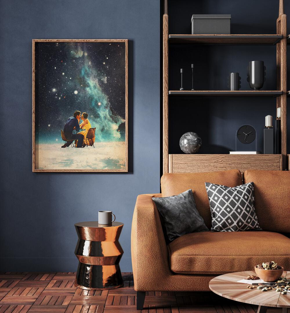 Ill Take You to the Stars for a Second Date By Frank Moth Surreal Art Prints Surrealism in Oak Wood Plain Frame placed on a wall beside a sofa