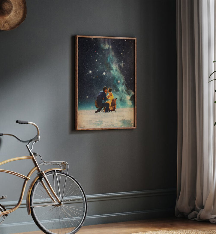 Ill Take You to the Stars for a Second Date By Frank Moth Surreal Art Prints Surrealism in Oak Wood Plain Frame placed on a wall beside a bicycle