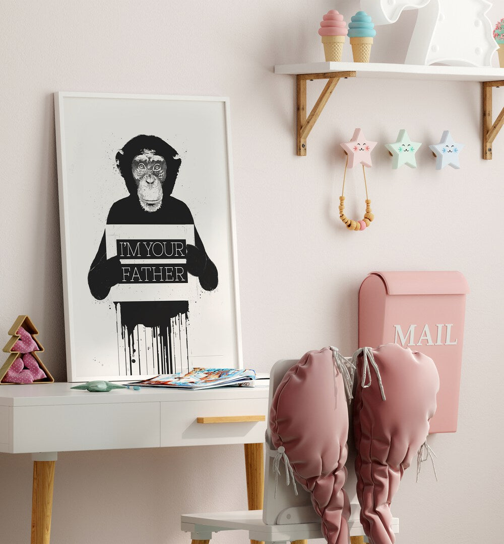 I m Your Father II By Balazs Solti Wildlife Art Prints in White Plain Frame placed on a Study Table in the Kids Room