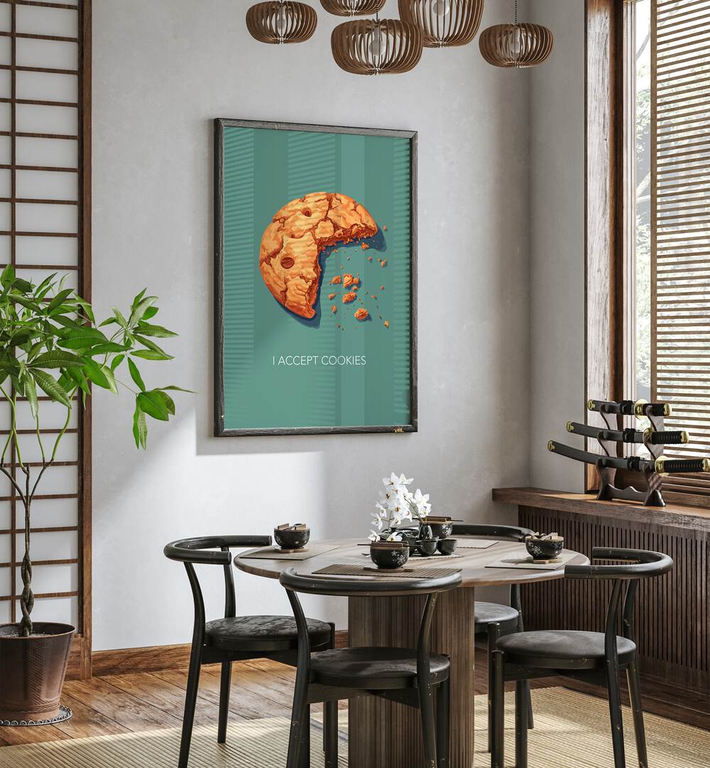 Charming café art print "I ACCEPT COOKIES, BAR" perfect for coffee lovers, featuring a delicious cookie design.