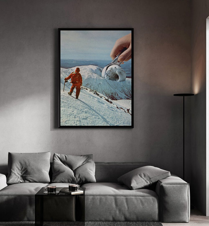 Ice Cream Mountain Cookies A Cream Surreal Art Painting Artwork in plain black frame behind a sofa on a grey wall