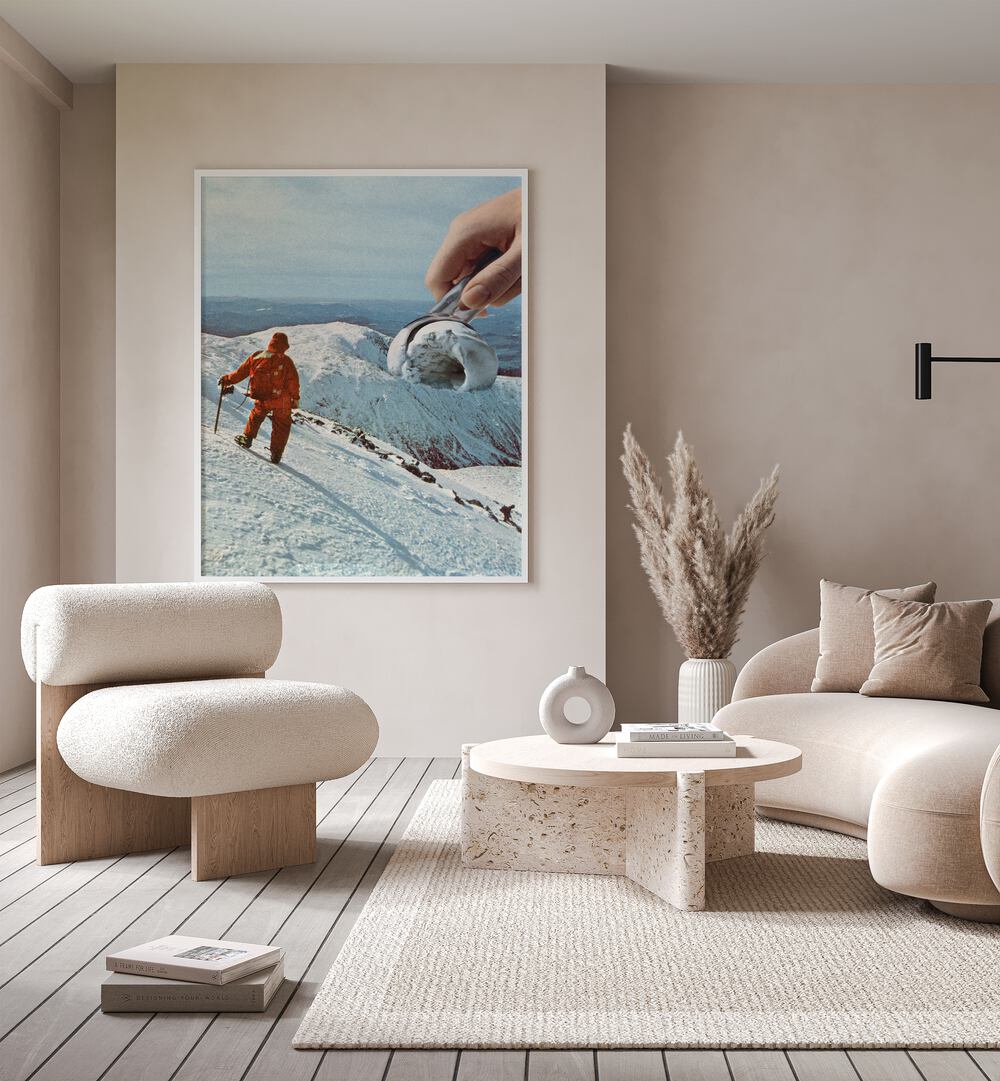 Ice Cream Mountain Cookies A Cream Surreal Art Painting Artwork in white plain frame behind a sofa on a beige wall