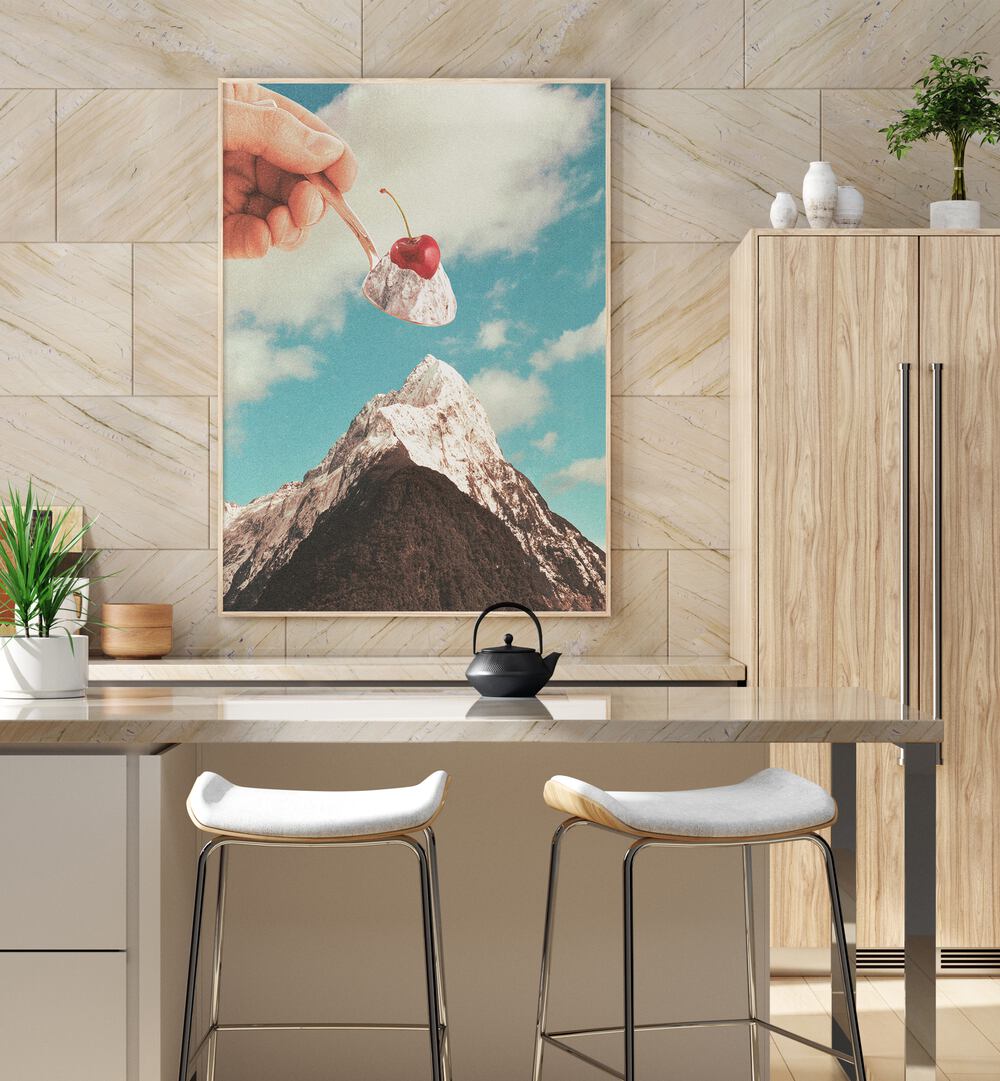 Ice Cream Sundae Surreal Art Painting Artwork in plain white frame above a kitchen counter beside a cupboard