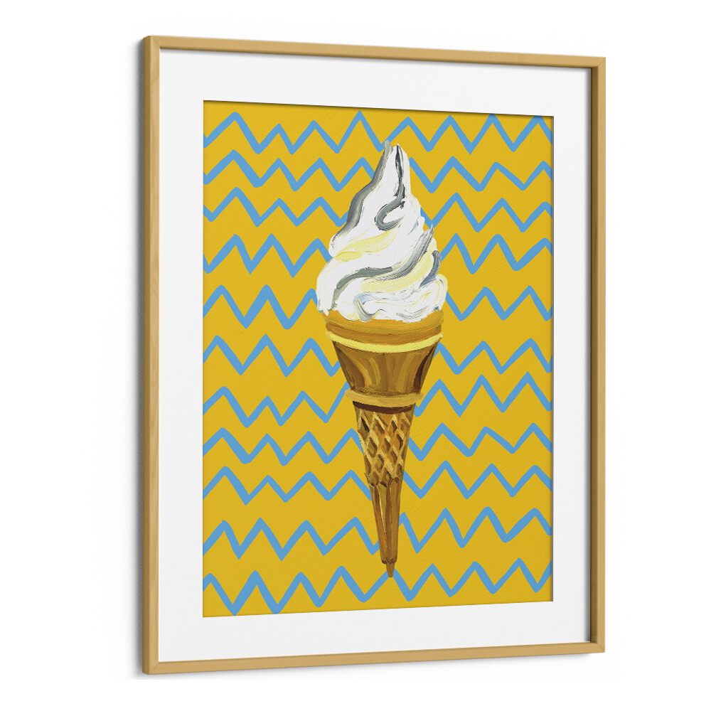 Ice Cream Yellow Zigzag Bar & Cafe Artwork in Oak Wood Frame With Mount