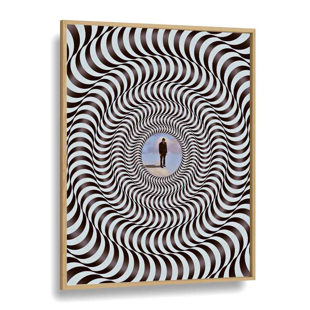 Illusion Black Round Pop Art Artwork in Oak Wood Plain Frame