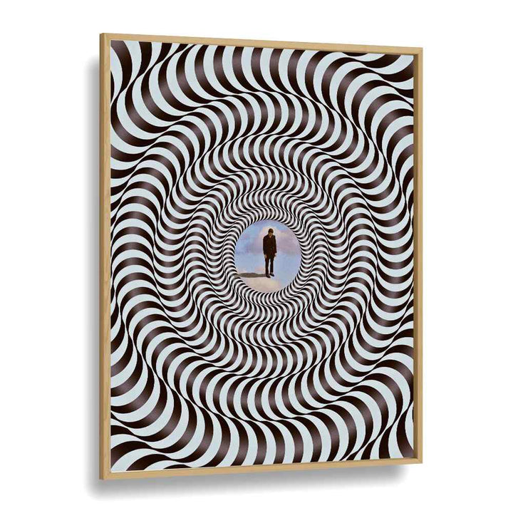 Illusion Black Round Pop Art Artwork in Oak Wood Plain Frame