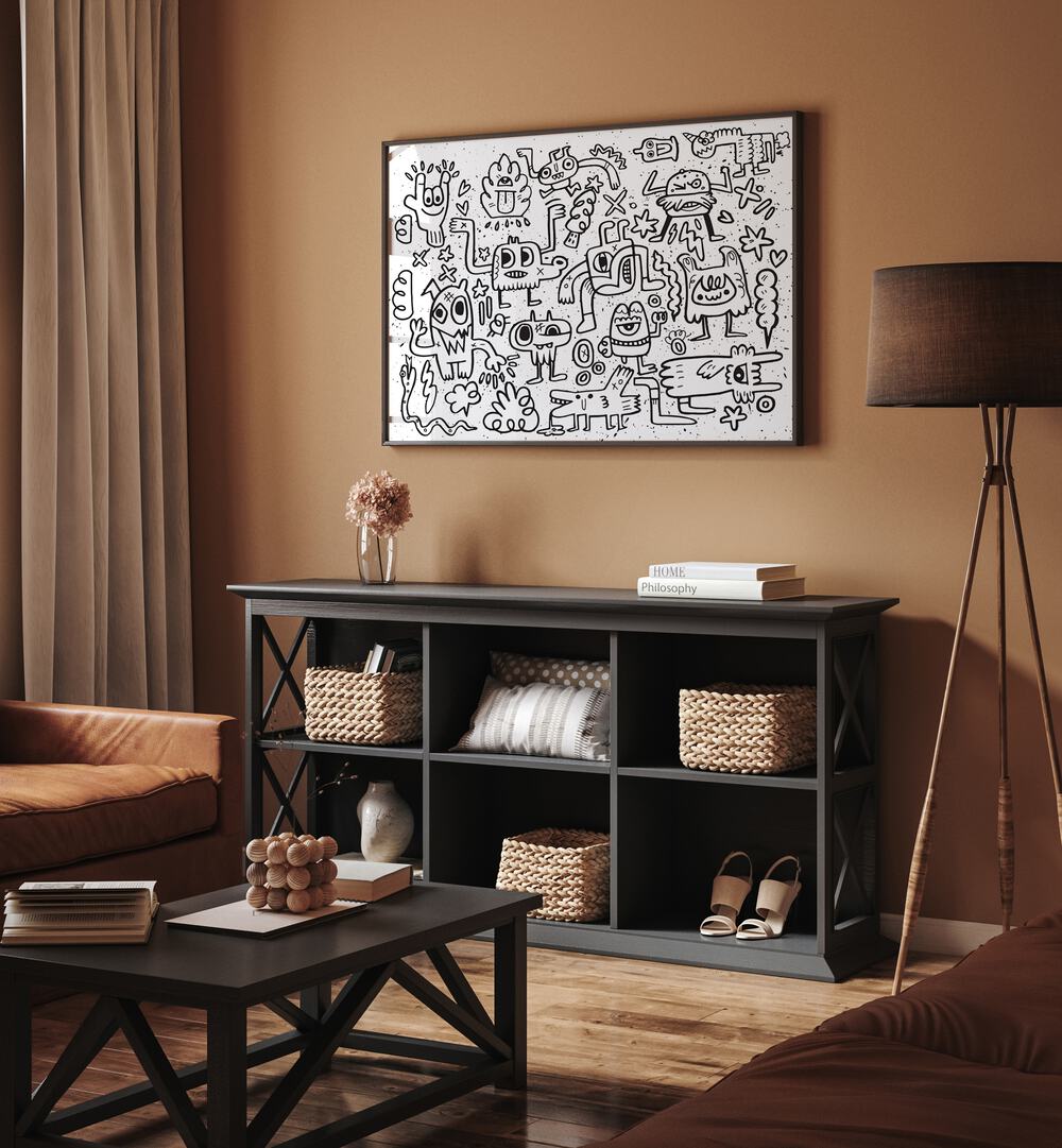 Imaginary Friends Doodle Art Comic Art Artwork in Black Plain Frame Placed on a Desert Brown Colored Wall Above a Black Console Table In the Living Room