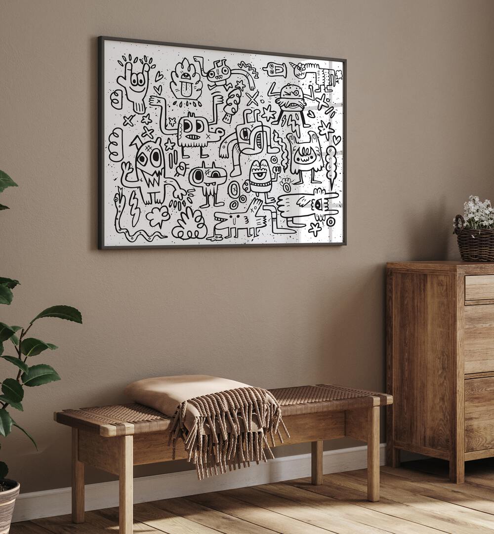 Imaginary Friends Doodle Art Comic Art Artwork in Black Plain Frame on a Light Brown Wall In the Drawing Room