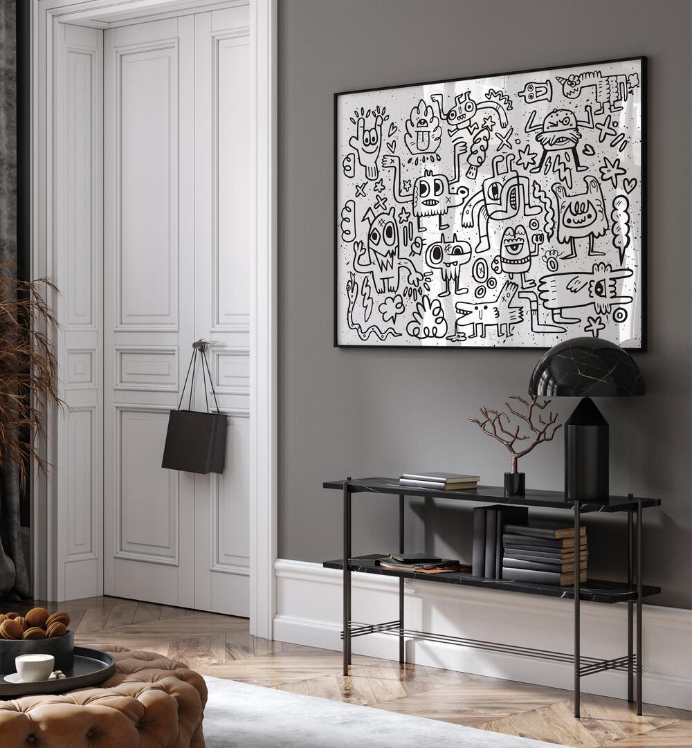 Imaginary Friends Doodle Art Comic Art Artwork in Black Plain Frame Placed on a Grey Wall Above a Small Black Side table in the Drawing Room 