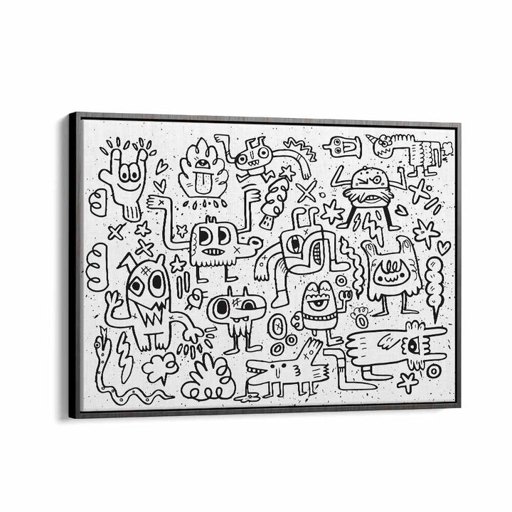 Imaginary Friends Doodle Art Comic Art Artwork in Black Floater Frame