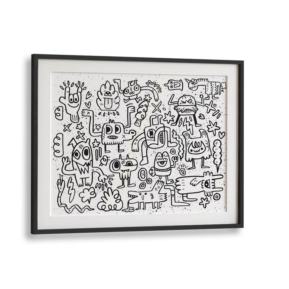 Imaginary Friends Doodle Art Comic Art Artwork in Black Frame With Mount