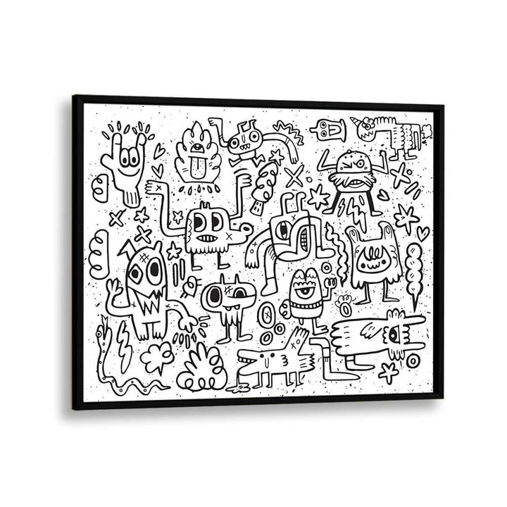 Imaginary Friends Doodle Art Comic Art Artwork in Black Plain Frame