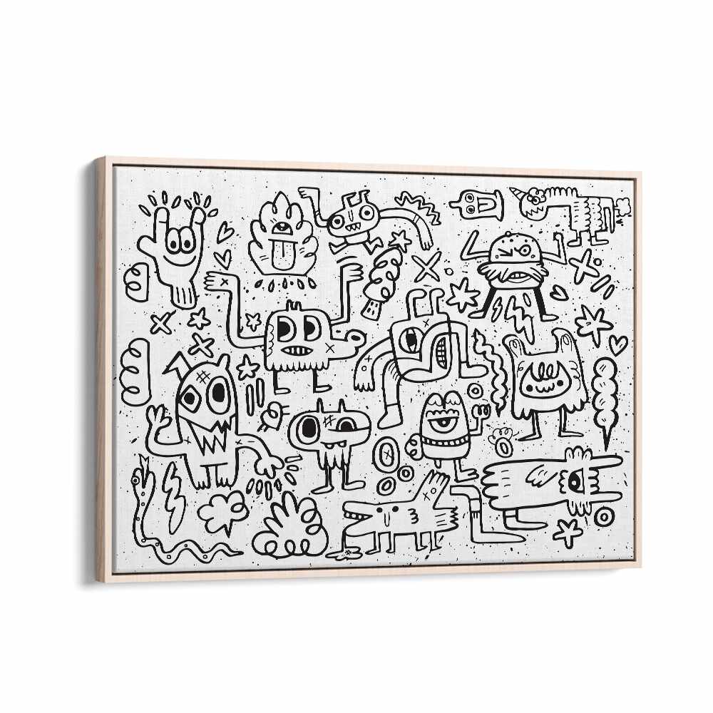 Imaginary Friends Doodle Art Comic Art Artwork in Oak Wood Floater Frame