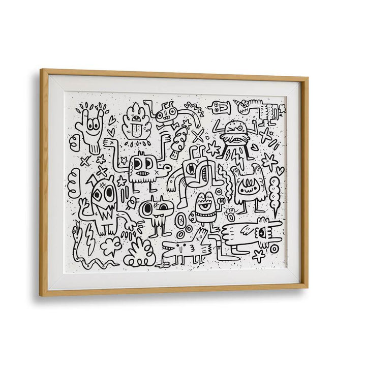 Imaginary Friends Doodle Art Comic Art Artwork in Oak Wood Frame With Mount