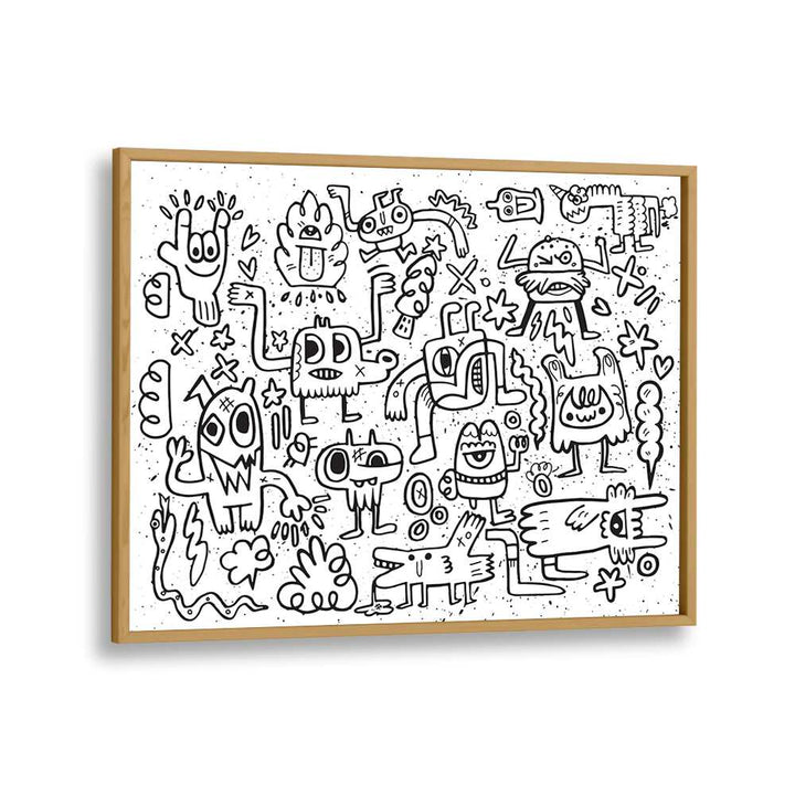 Imaginary Friends Doodle Art Comic Art Artwork in Oak Wood Plain Frame