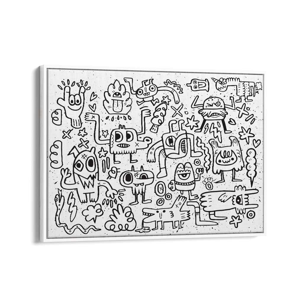 Imaginary Friends Doodle Art Comic Art Artwork in White Floater Frame