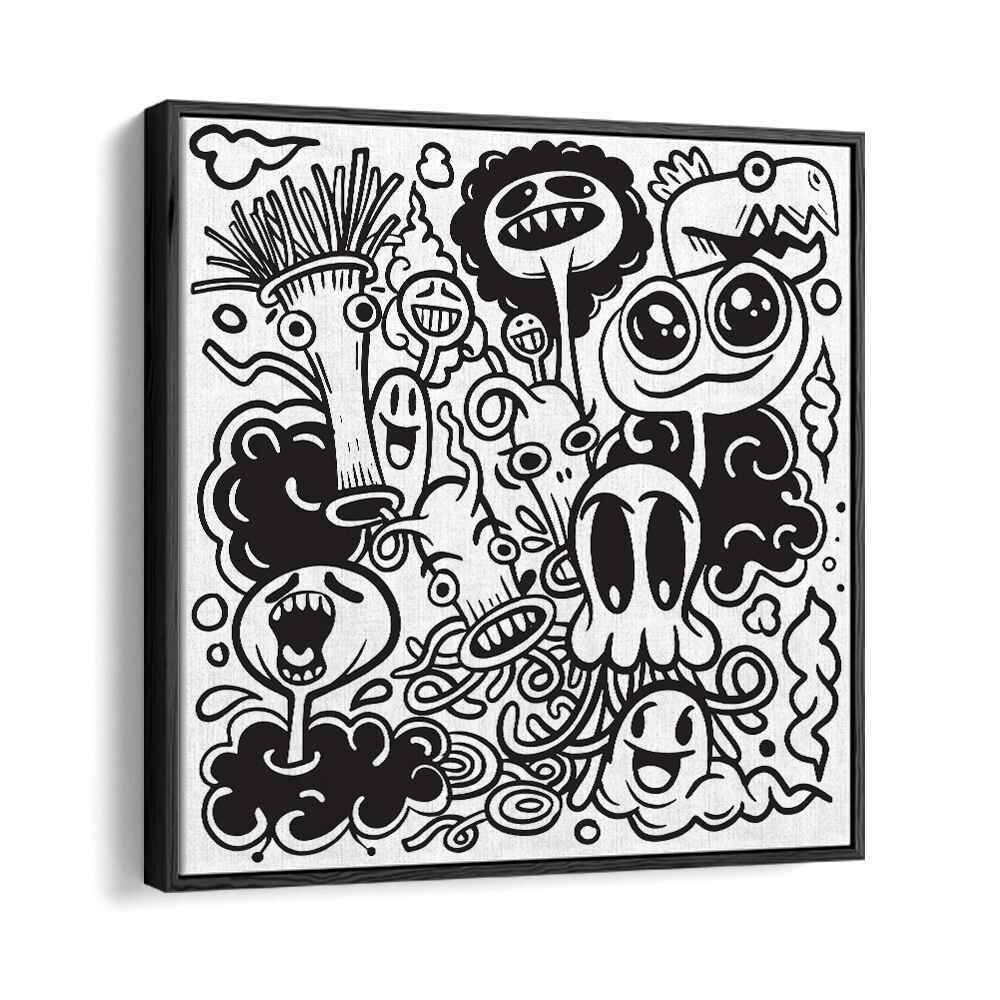 Imaginary Islands B&w Doodle Art Artwork in Black Floater Frame