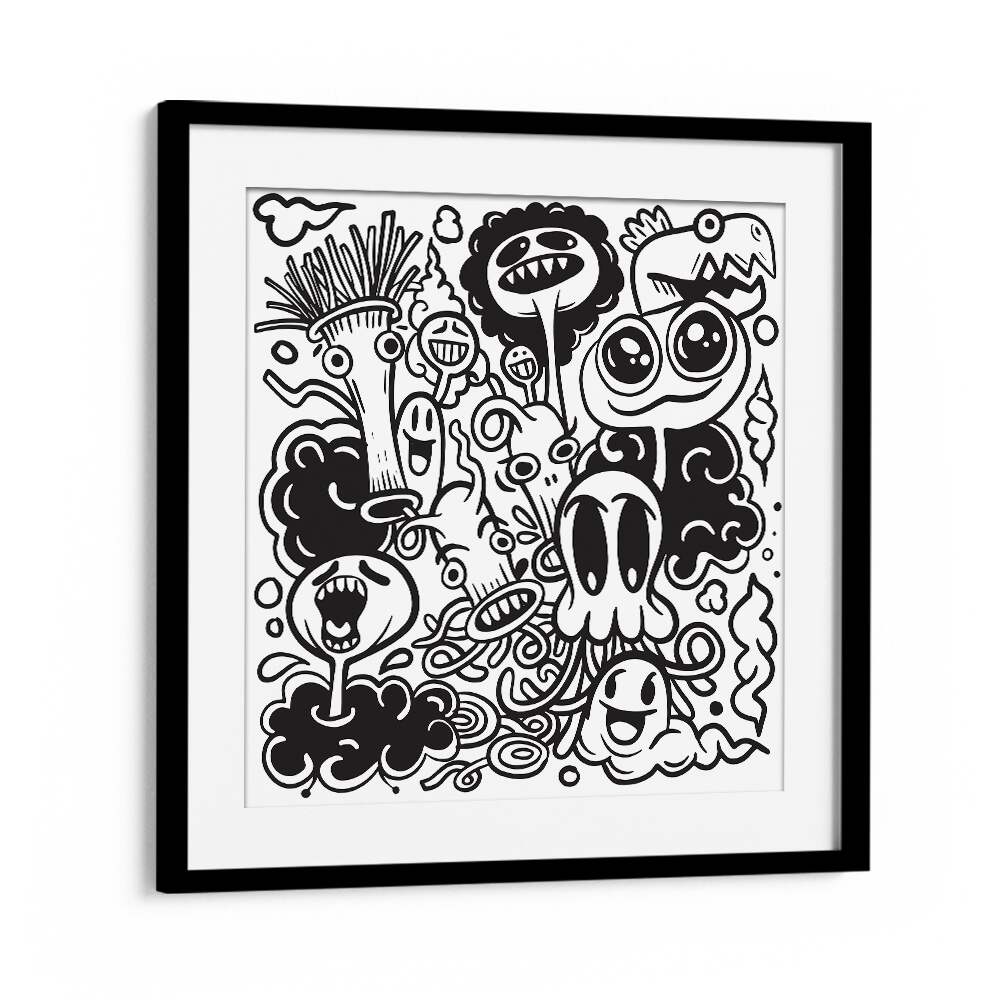 Imaginary Islands B&w4 Doodle Art Artwork in Black Frame With Mount