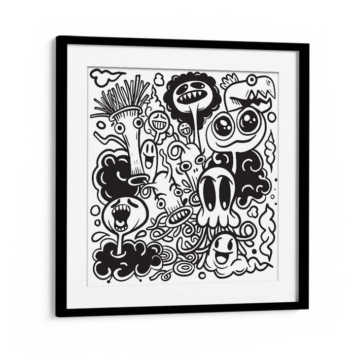 Imaginary Islands B&w4 Doodle Art Artwork in Black Frame With Mount