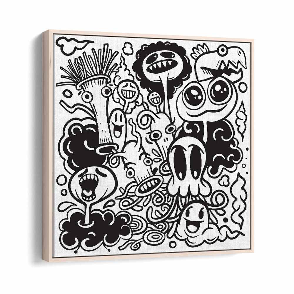 Imaginary Islands B&w Doodle Art Artwork in Oak Wood Floater Frame