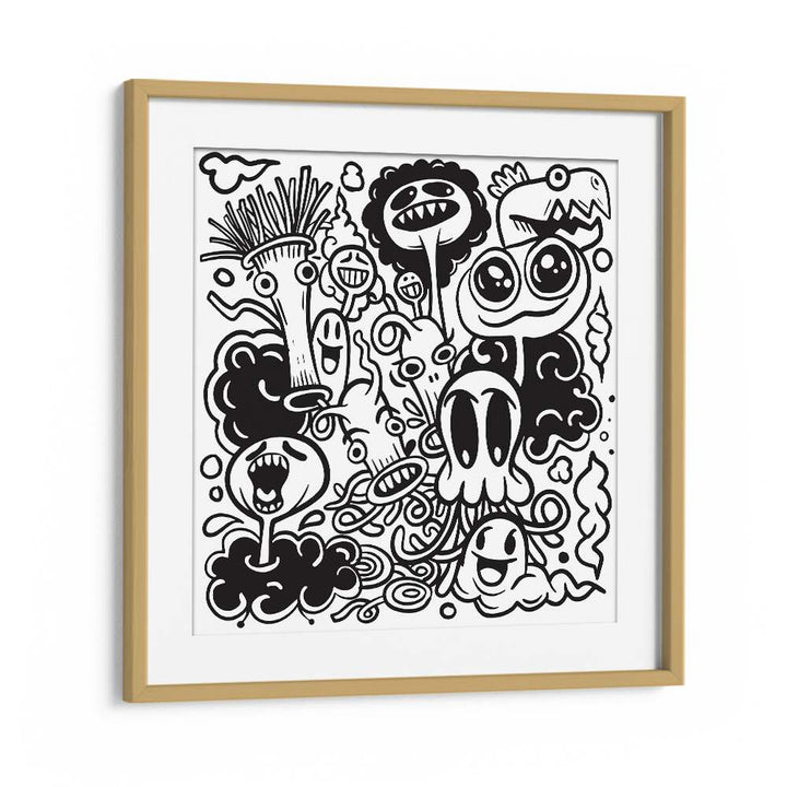 Imaginary Islands B&w Doodle Art Artwork in Oak Wood Frame With Mount