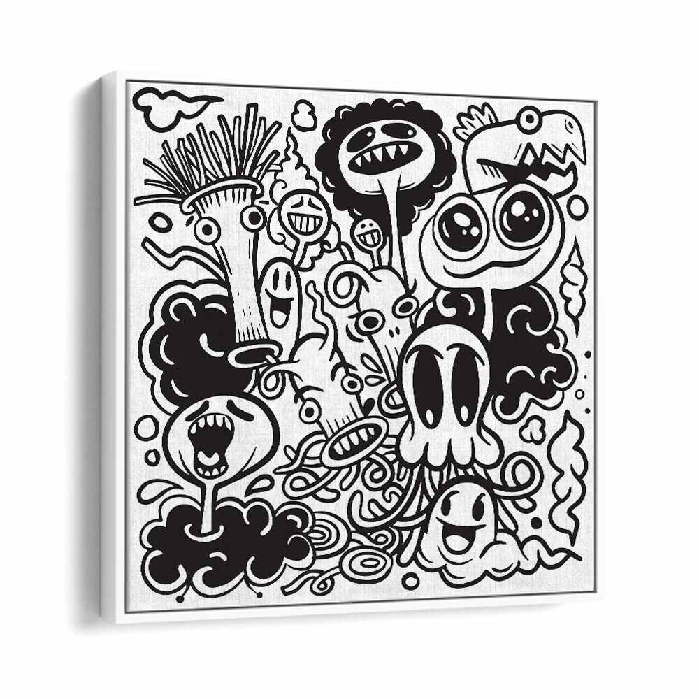 Imaginary Islands B&w Doodle Art Artwork in White Floater Frame