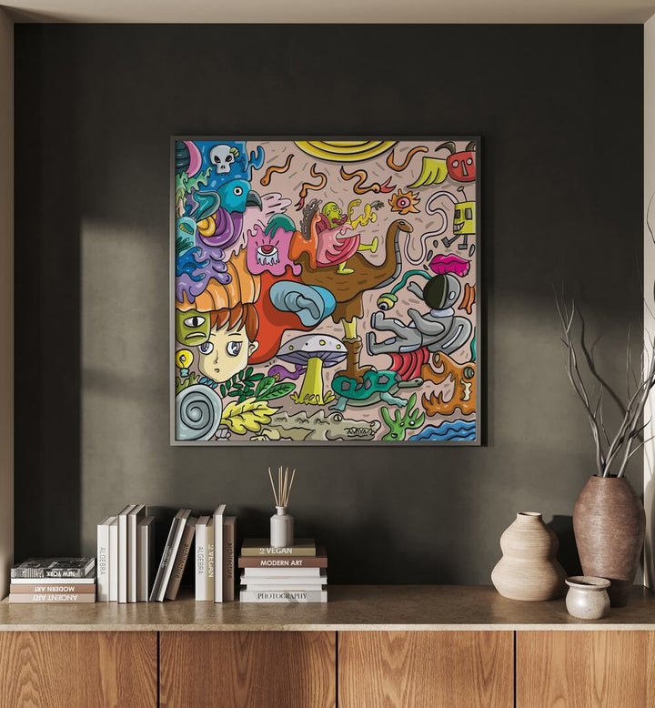 Imagination Island Comic Art Artwork in Black Plain Frame Placed on a Dark Grey Wall Above a Wooden Cabinet