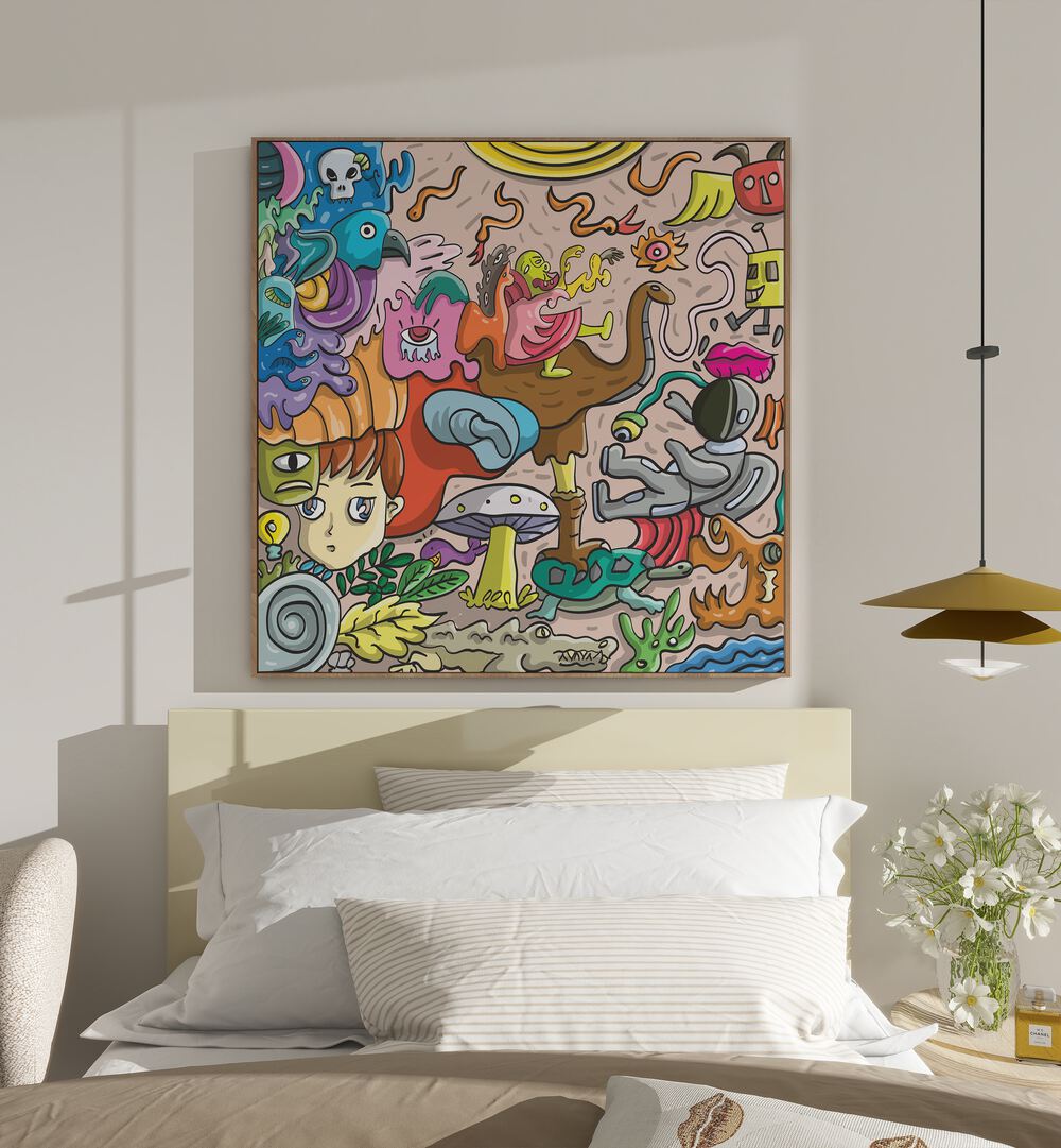 Imagination Island Comic Art Artwork in Oak Wood Plain Frame Placed on a White Wall Behind a Bed in the Bed Room