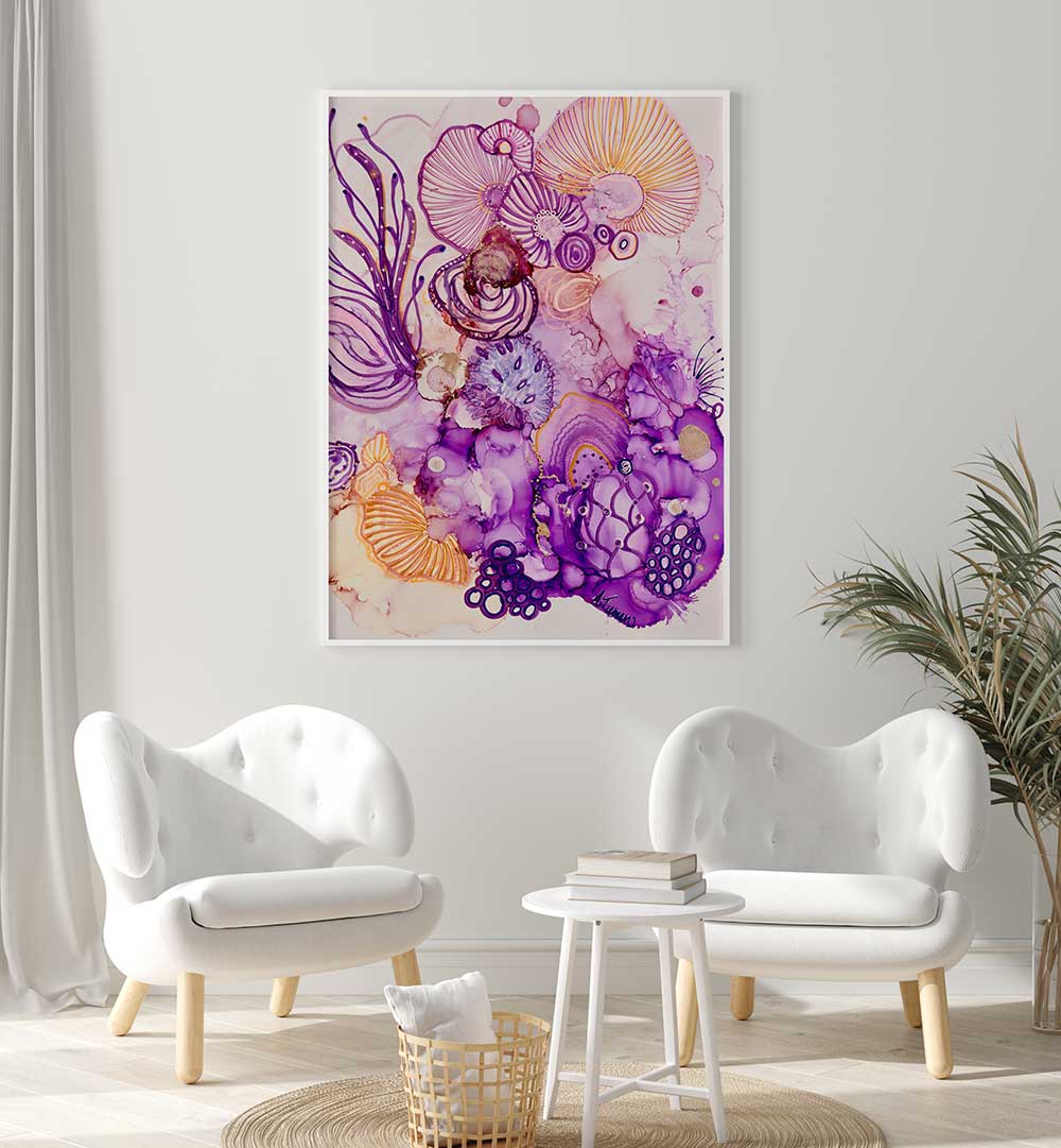 Serene purple hues in IN THE BEGINNING, BEACH PAINTINGS create a tranquil coastal retreat for your home.