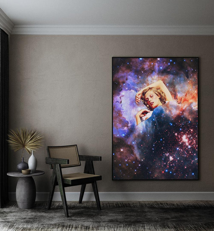 In Your Galactic Dreams Surreal Art Painting Artwork in plain black frame beside a chair on a brown wall