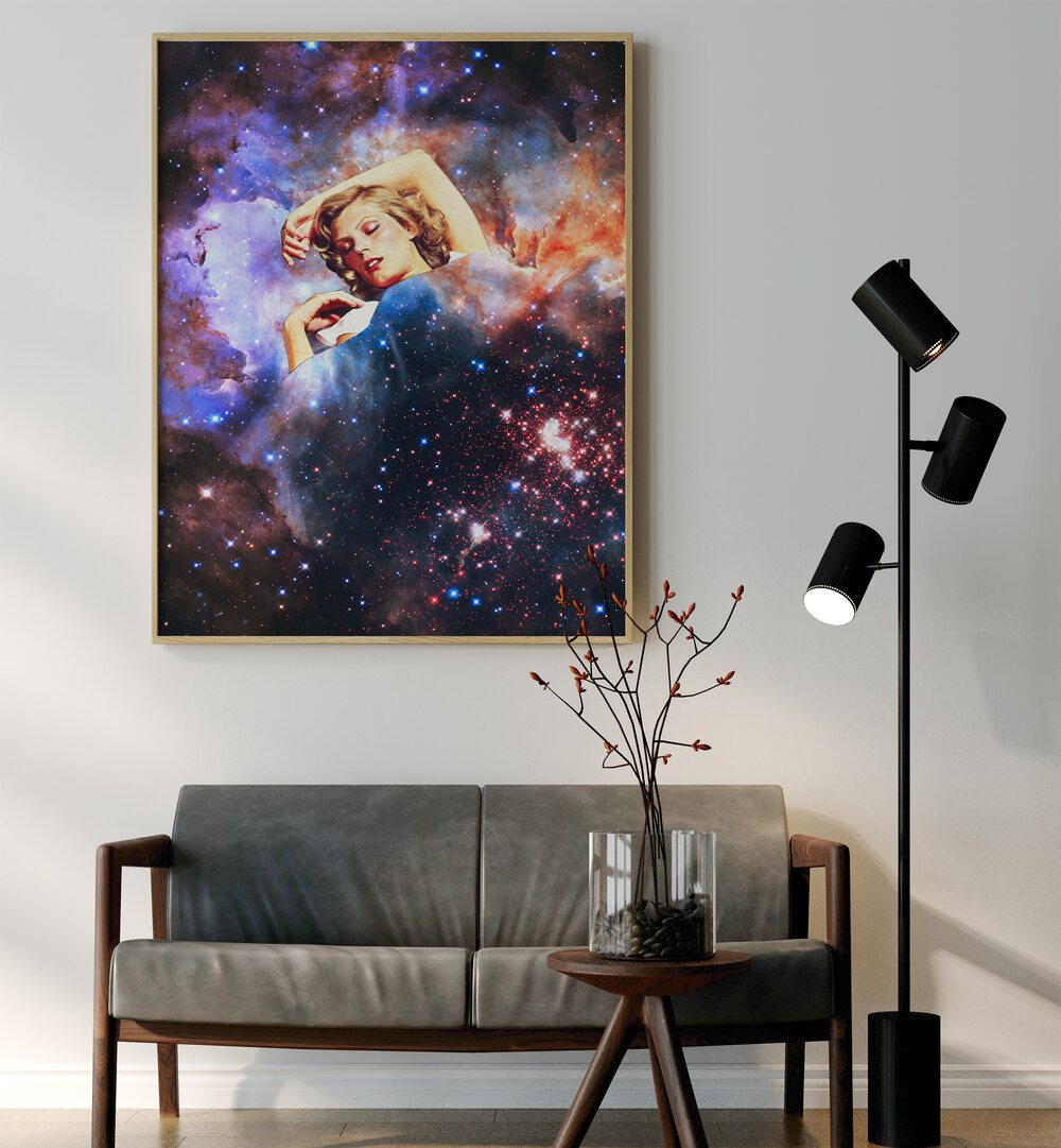 In Your Galactic Dreams Surreal Art Painting Artwork in plain oakwood frame behind a sofa