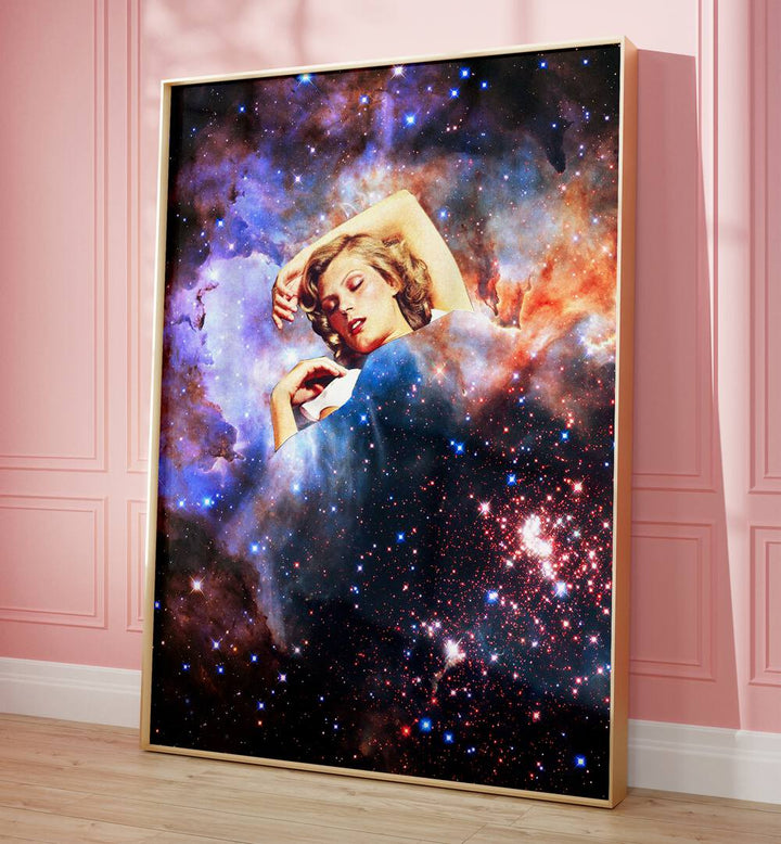 In Your Galactic Dreams Surreal Art Painting Artwork in plain oakwood frame on a wooden floor 