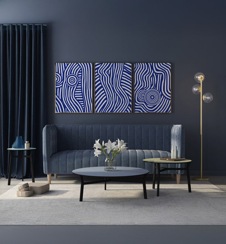 INDIGO STRIPES AND SWIRLS SET , SET OF 3 PAINTINGS